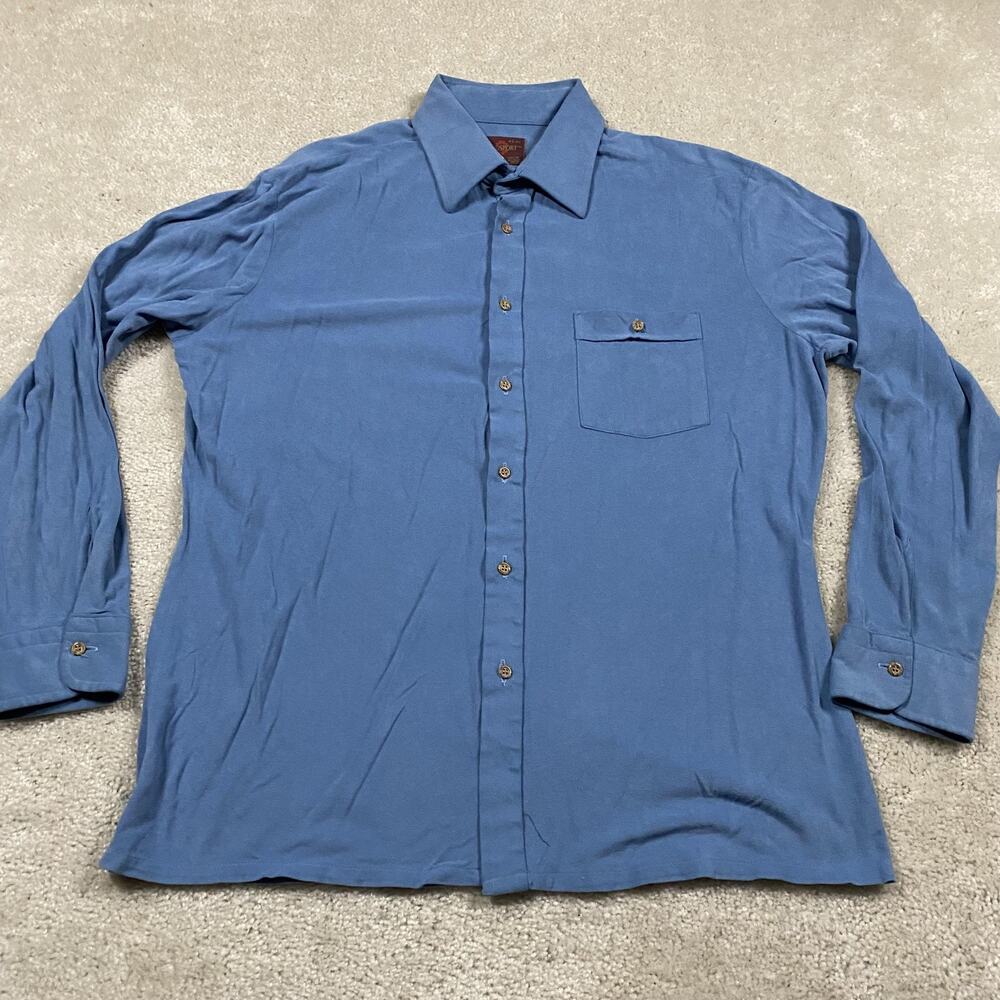 VTG 70s Kingsport Shirt Mens 16.5 Blue Triacetate Nylon Long Sleeve‎ Disco Retro